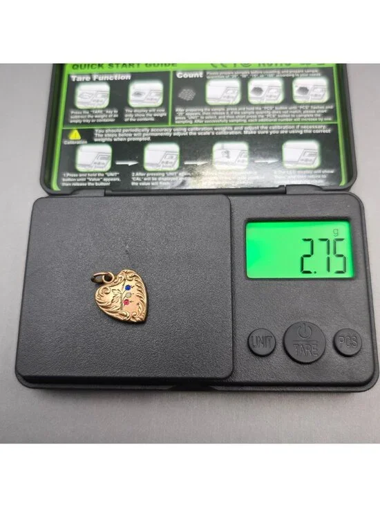 Antique Puffy Heart Charm Gold Filled Repousse Glass Paste Stone Pendant - Picture 8 of 8